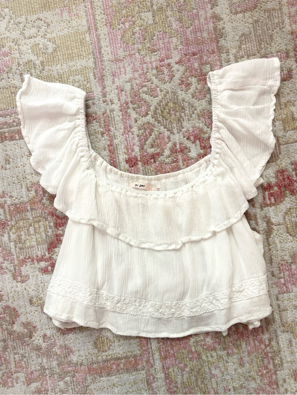 Mi Ami White Ruffle Off-Shoulder Crop Top